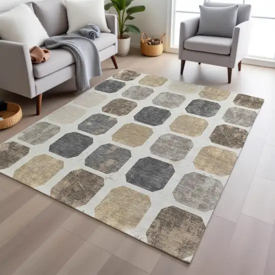 Ivory Beige And Charcoal Geometric Washable Indoor Outdoor Area Rug Photo 6