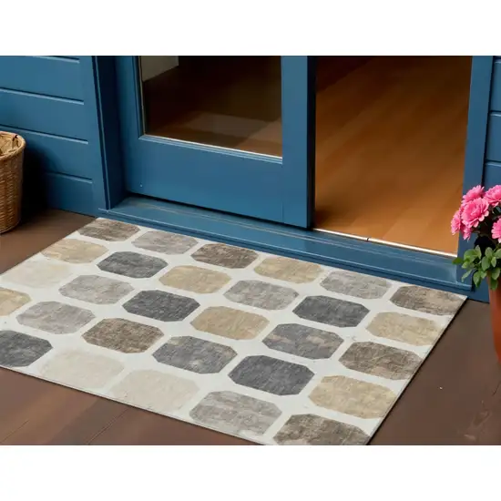 Ivory Beige And Charcoal Geometric Washable Indoor Outdoor Area Rug Photo 2