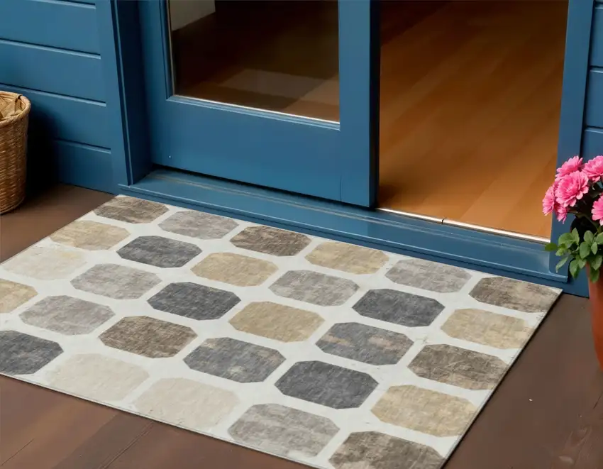 Ivory Beige And Charcoal Geometric Washable Indoor Outdoor Area Rug Photo 2