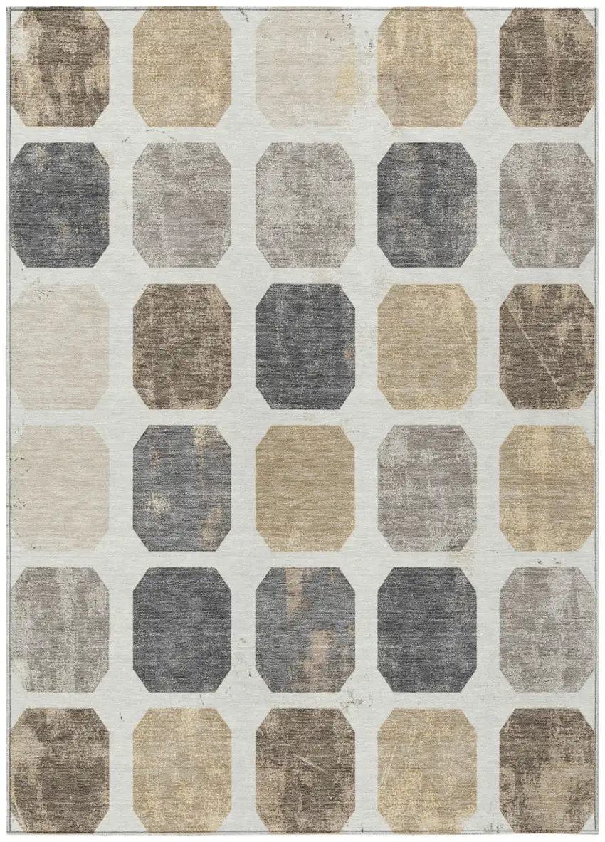 Ivory Beige And Charcoal Geometric Washable Indoor Outdoor Area Rug Photo 1