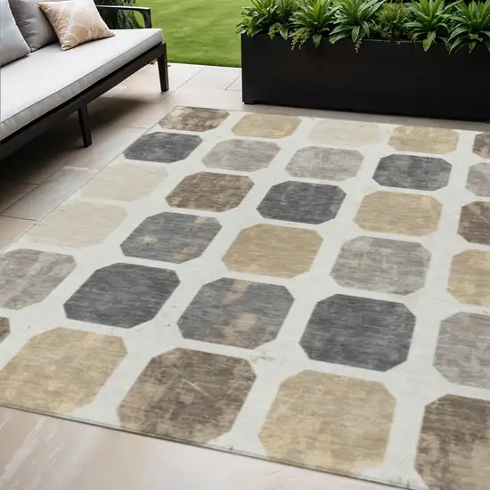 Ivory Beige And Charcoal Geometric Washable Indoor Outdoor Area Rug Photo 2
