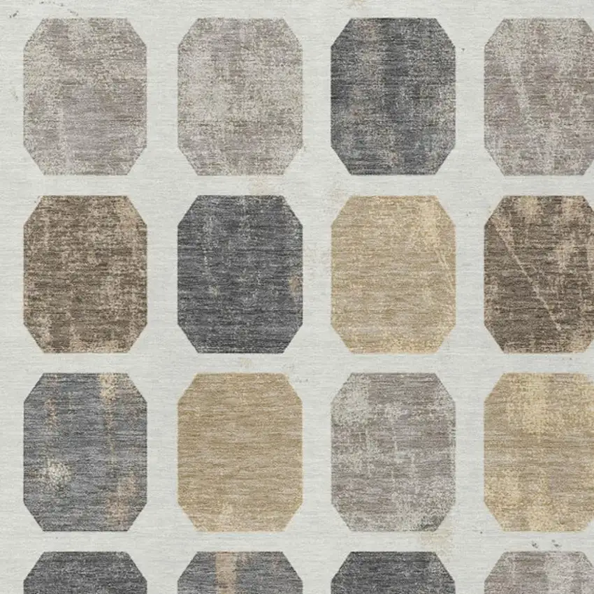 Ivory Beige And Charcoal Geometric Washable Indoor Outdoor Area Rug Photo 4