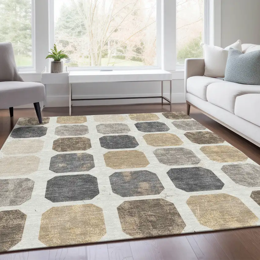 Ivory Beige And Charcoal Geometric Washable Indoor Outdoor Area Rug Photo 7