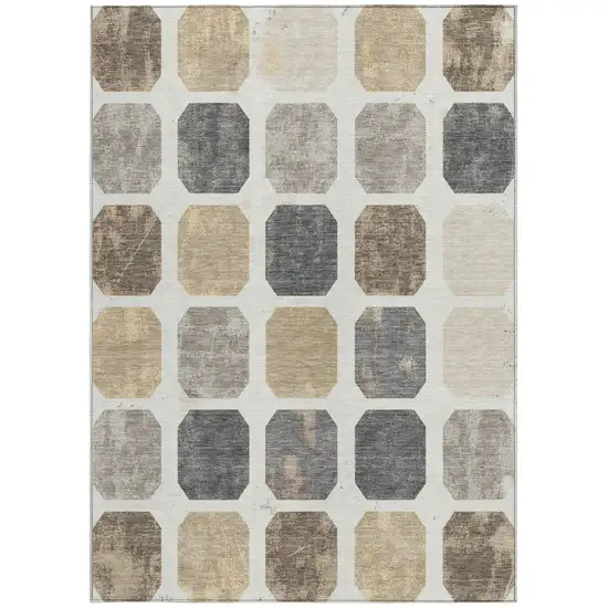 Ivory Beige And Charcoal Geometric Washable Indoor Outdoor Area Rug Photo 3