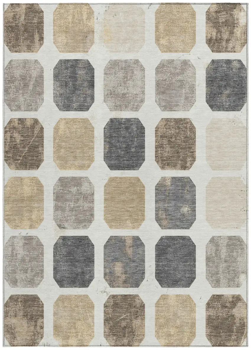 Ivory Beige And Charcoal Geometric Washable Indoor Outdoor Area Rug Photo 3