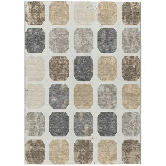 Ivory Beige And Charcoal Geometric Washable Indoor Outdoor Area Rug Photo 1