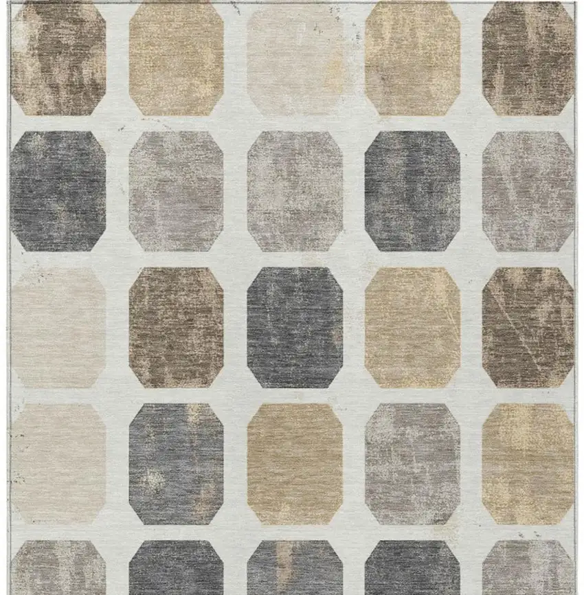Ivory Beige And Charcoal Geometric Washable Indoor Outdoor Area Rug Photo 9