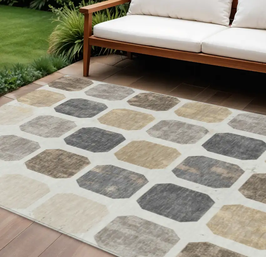 Ivory Beige And Charcoal Geometric Washable Indoor Outdoor Area Rug Photo 2
