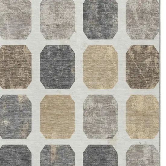 Ivory Beige And Charcoal Geometric Washable Indoor Outdoor Area Rug Photo 3