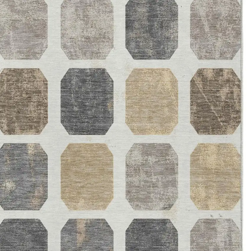 Ivory Beige And Charcoal Geometric Washable Indoor Outdoor Area Rug Photo 3