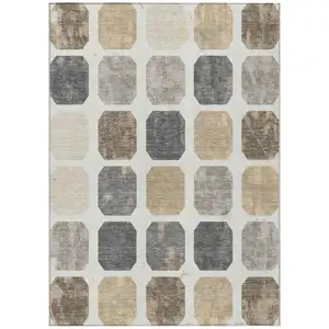 Photo of Ivory Beige And Charcoal Geometric Washable Indoor Outdoor Area Rug