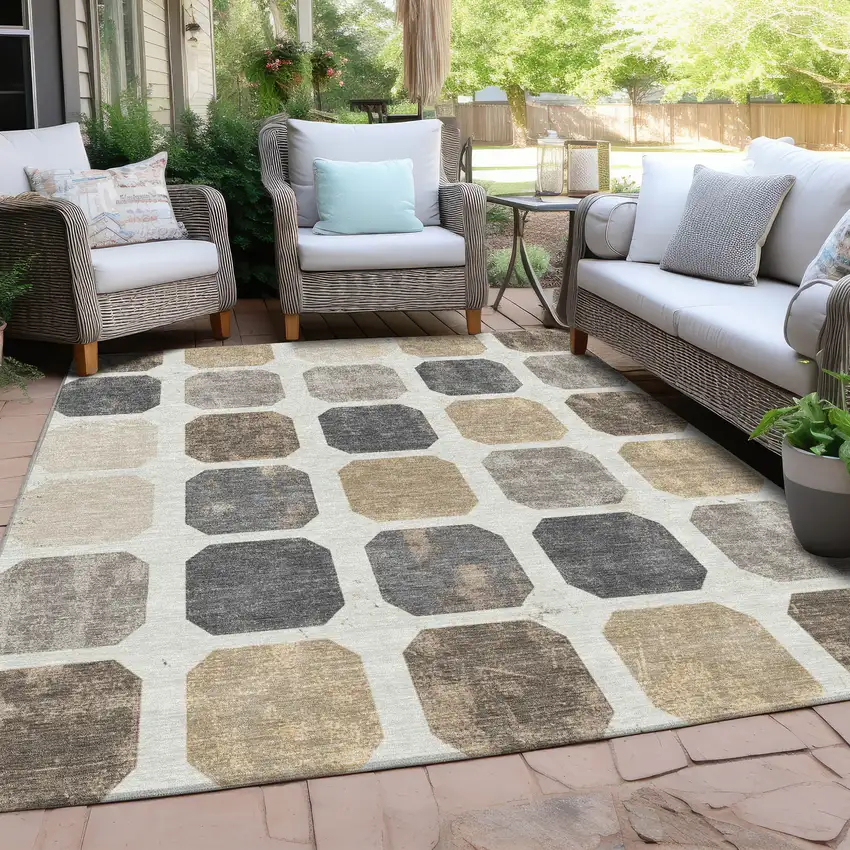 Ivory Beige And Charcoal Geometric Washable Indoor Outdoor Area Rug Photo 5