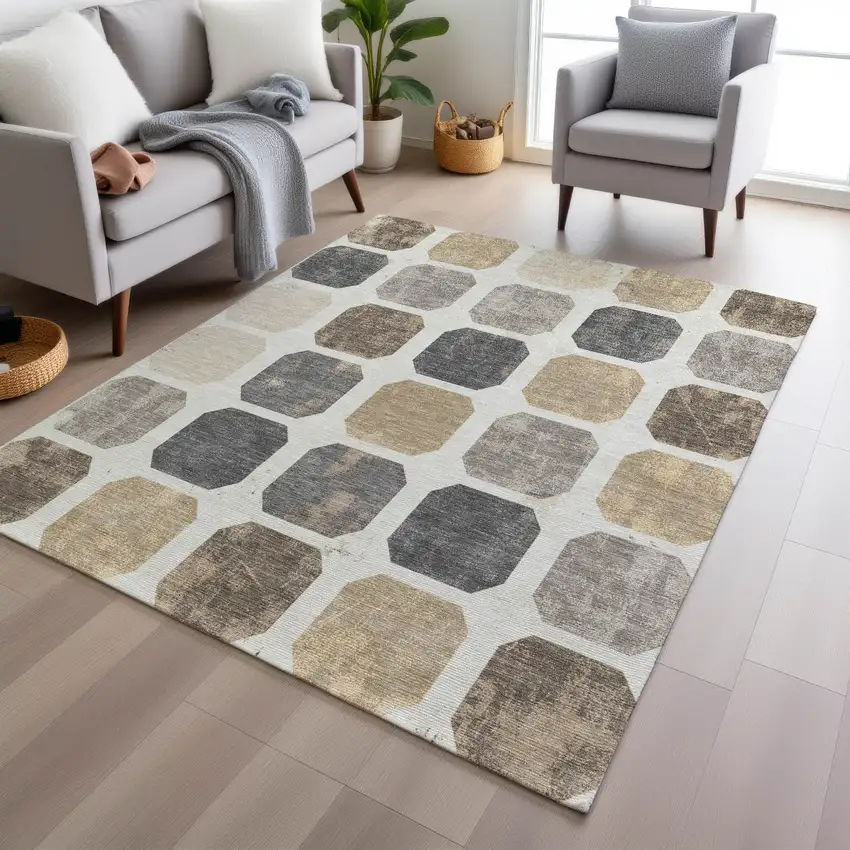 Ivory Beige And Charcoal Geometric Washable Indoor Outdoor Area Rug Photo 6
