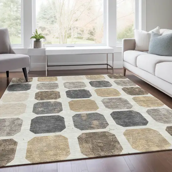 Ivory Beige And Charcoal Geometric Washable Indoor Outdoor Area Rug Photo 7