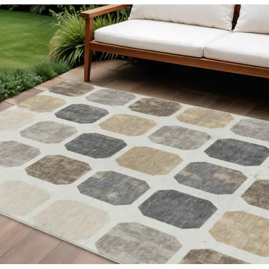 Ivory Beige And Charcoal Geometric Washable Indoor Outdoor Area Rug Photo 2