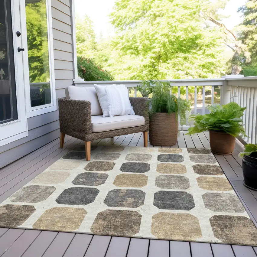 Ivory Beige And Charcoal Geometric Washable Indoor Outdoor Area Rug Photo 8