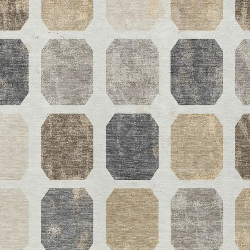 Ivory Beige And Charcoal Geometric Washable Indoor Outdoor Area Rug Photo 4