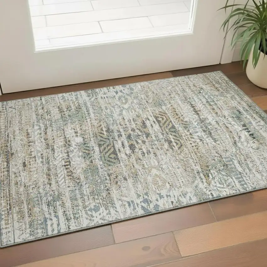 Ivory Beige And Charcoal Moroccan Washable Area Rug With UV Protection Photo 2