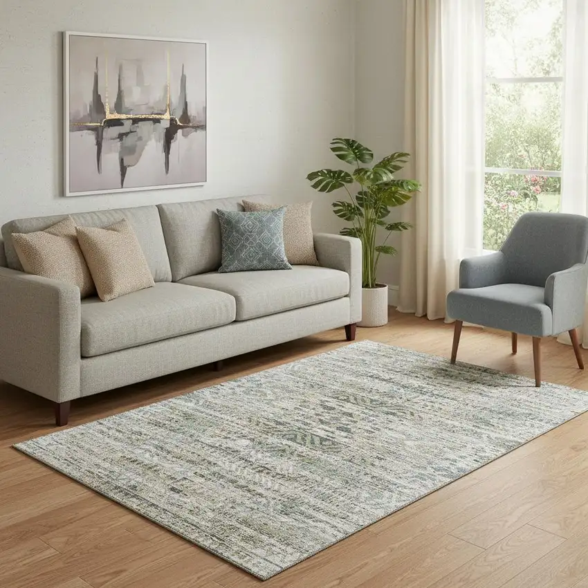 Ivory Beige And Charcoal Moroccan Washable Area Rug With UV Protection Photo 2