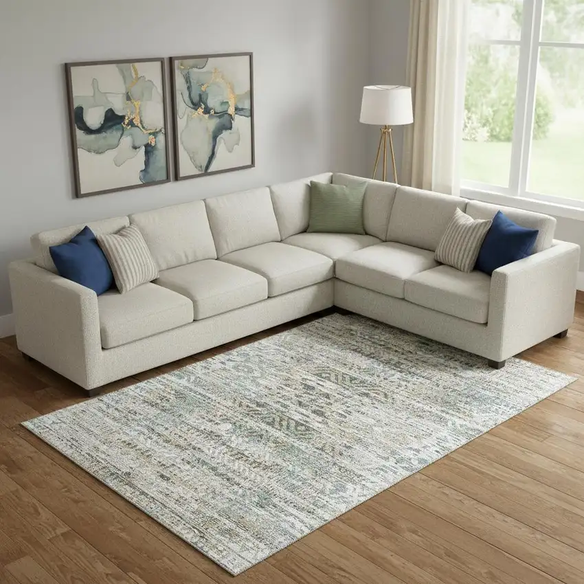 Ivory Beige And Charcoal Moroccan Washable Area Rug With UV Protection Photo 2