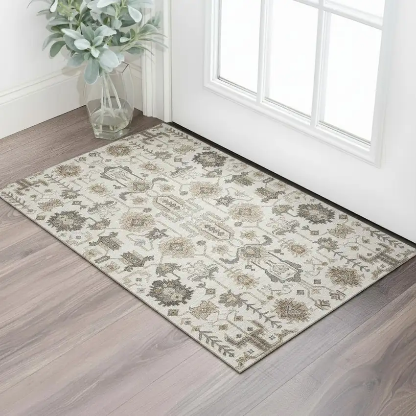 Ivory Beige And Charcoal Oriental Washable Area Rug With UV Protection Photo 1
