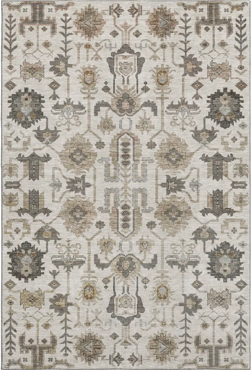 Ivory Beige And Charcoal Oriental Washable Area Rug With UV Protection Photo 1