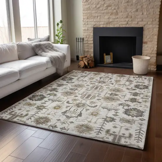Ivory Beige And Charcoal Oriental Washable Area Rug With UV Protection Photo 5