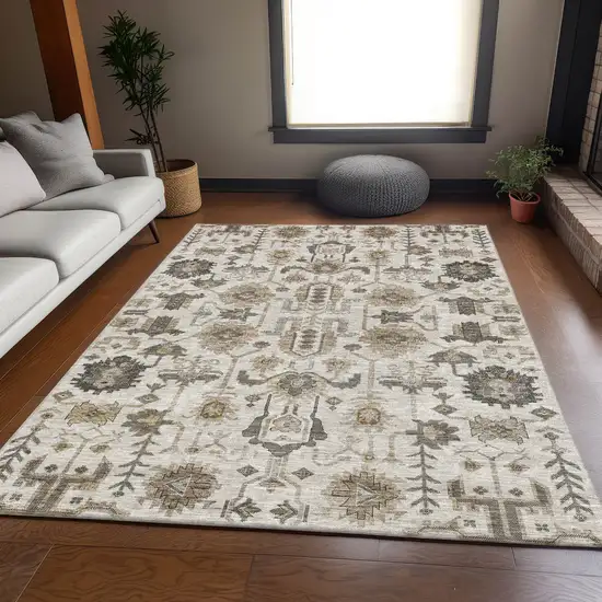 Ivory Beige And Charcoal Oriental Washable Area Rug With UV Protection Photo 4