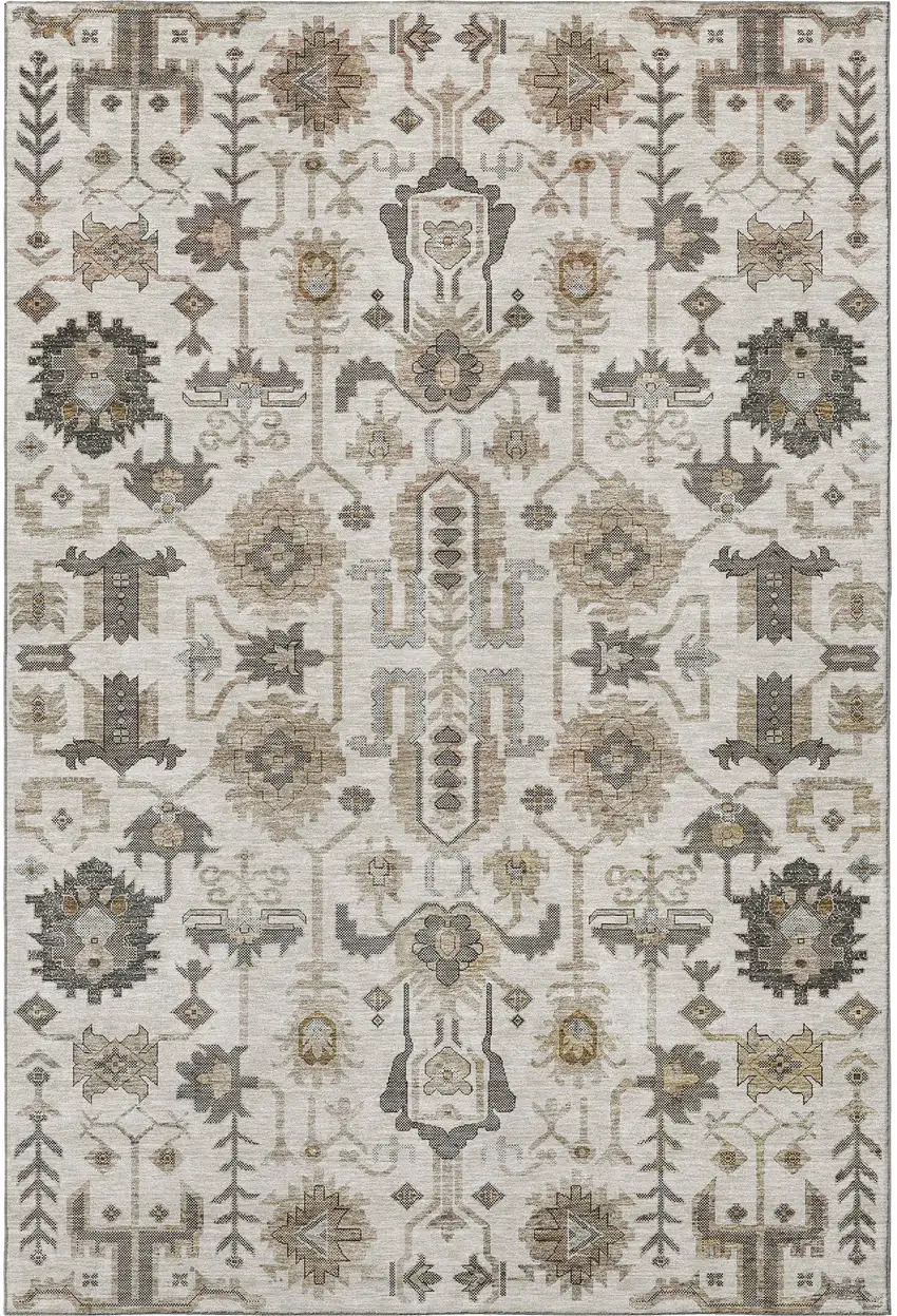 Ivory Beige And Charcoal Oriental Washable Area Rug With UV Protection Photo 3
