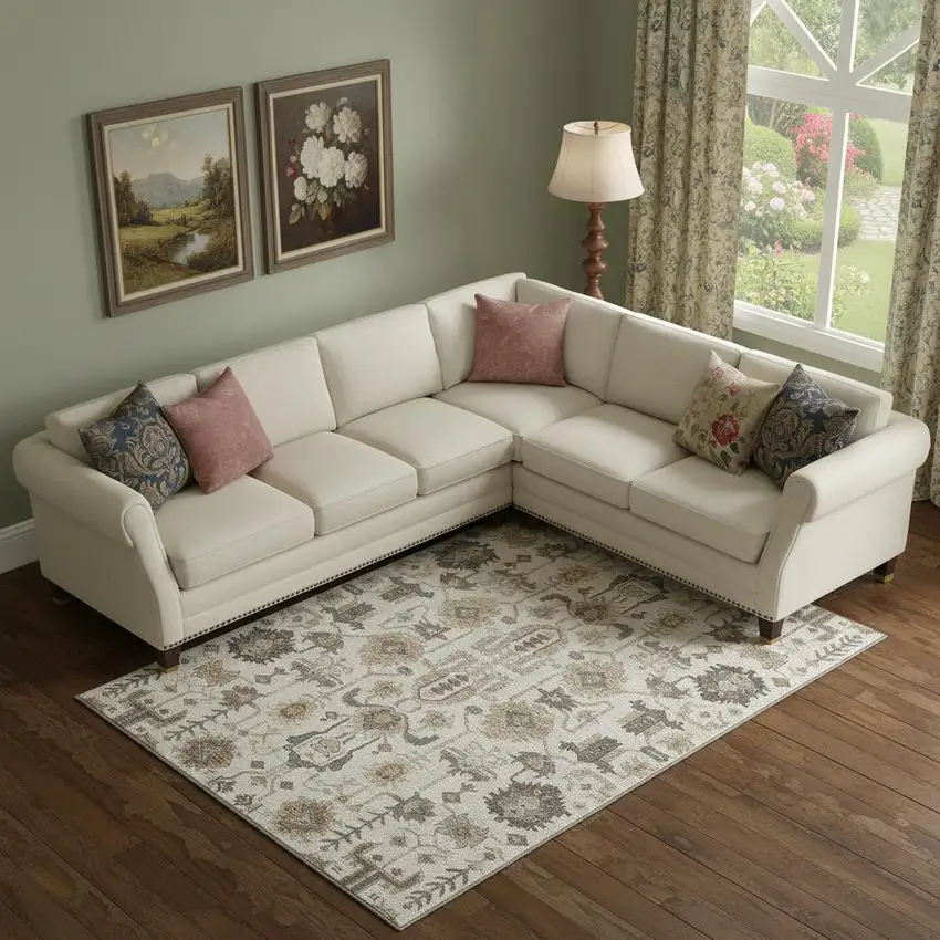 Ivory Beige And Charcoal Oriental Washable Area Rug With UV Protection Photo 1