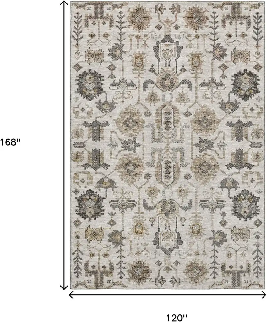 Ivory Beige And Charcoal Oriental Washable Area Rug With UV Protection Photo 3