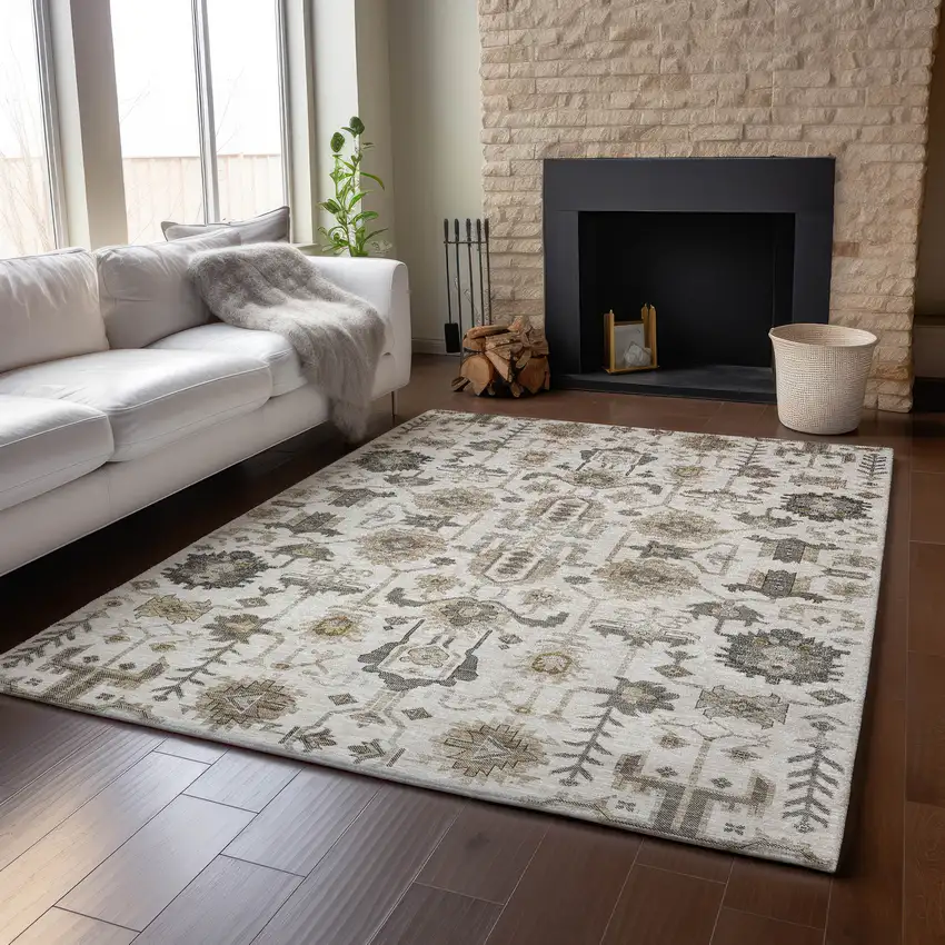 Ivory Beige And Charcoal Oriental Washable Area Rug With UV Protection Photo 5