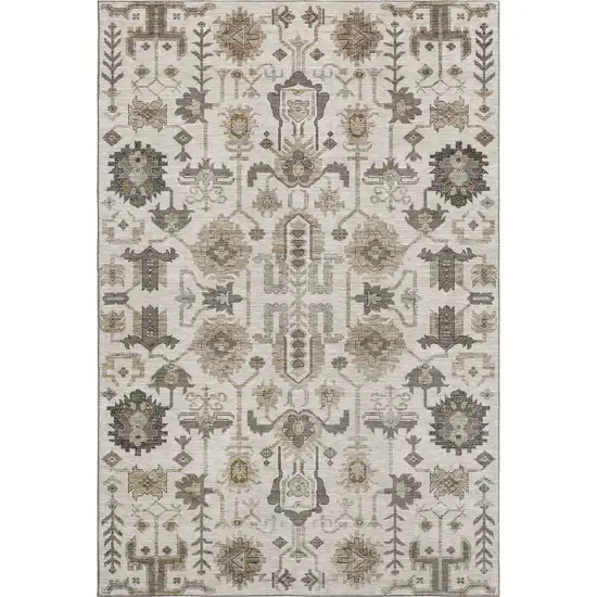 Ivory Beige And Charcoal Oriental Washable Area Rug With UV Protection Photo 1