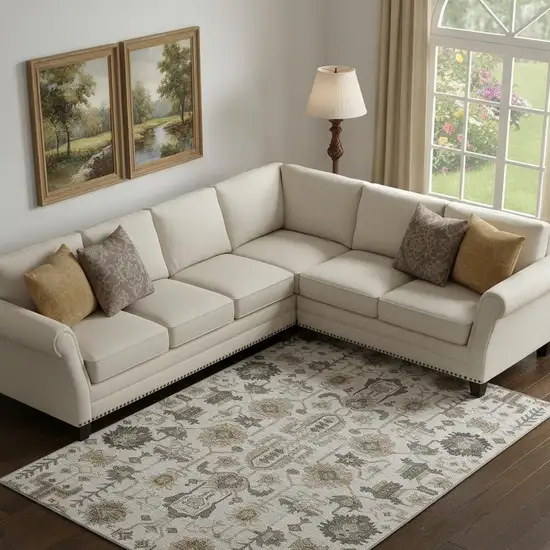 Ivory Beige And Charcoal Oriental Washable Area Rug With UV Protection Photo 1