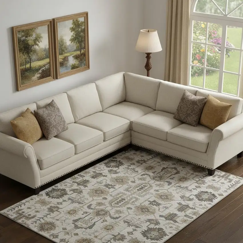 Ivory Beige And Charcoal Oriental Washable Area Rug With UV Protection Photo 1