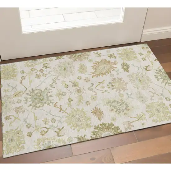 Ivory Beige And Copper Floral Medallion Washable Area Rug With UV Protection Photo 1