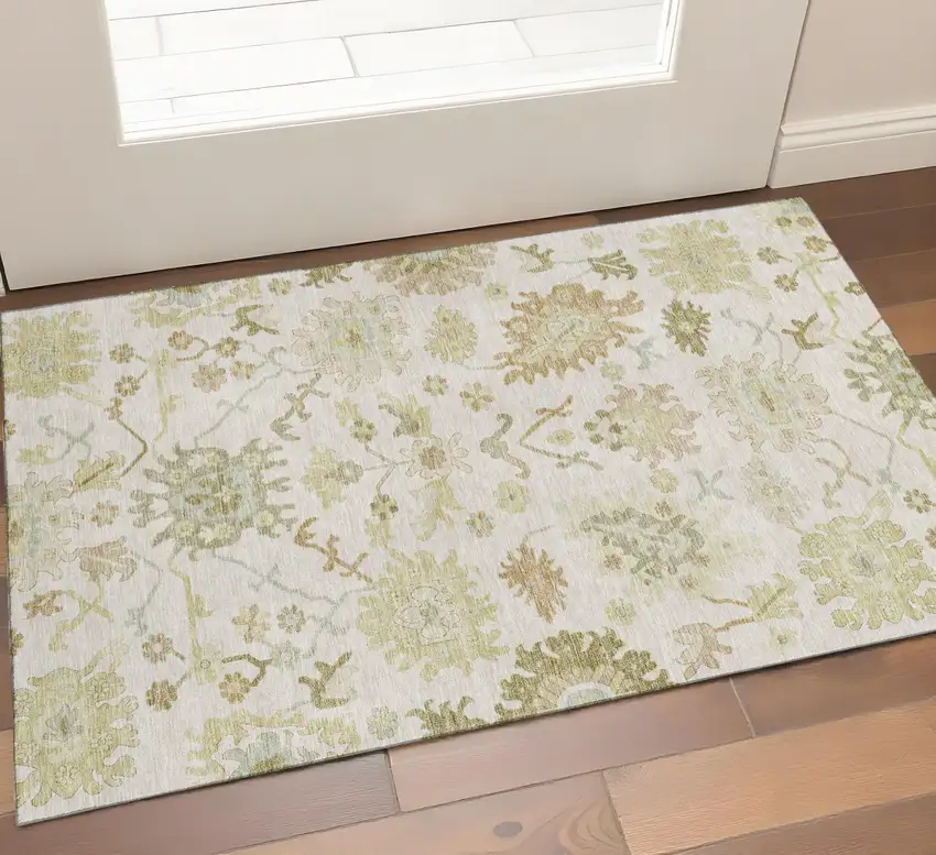 Ivory Beige And Copper Floral Medallion Washable Area Rug With UV Protection Photo 1