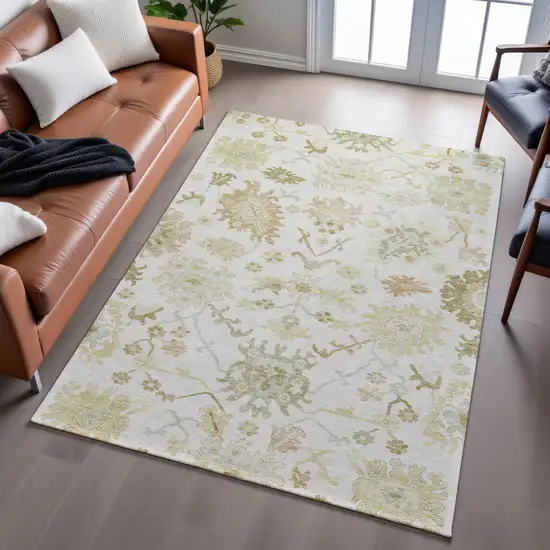 Ivory Beige And Copper Floral Medallion Washable Area Rug With UV Protection Photo 5
