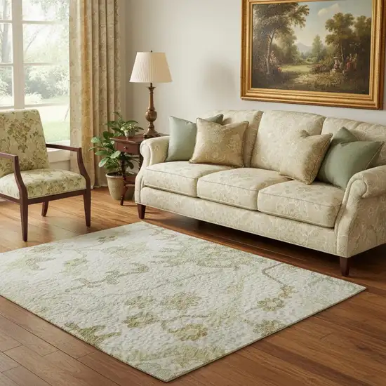 Ivory Beige And Copper Floral Medallion Washable Area Rug With UV Protection Photo 2