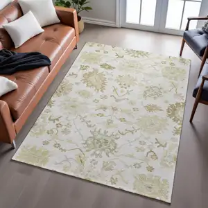 Photo of Ivory Beige And Copper Floral Medallion Washable Area Rug With UV Protection