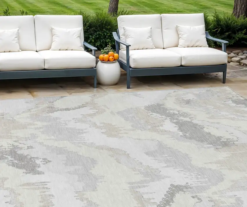 Ivory Beige And Cream Abstract Washable Indoor Outdoor Area Rug Photo 1