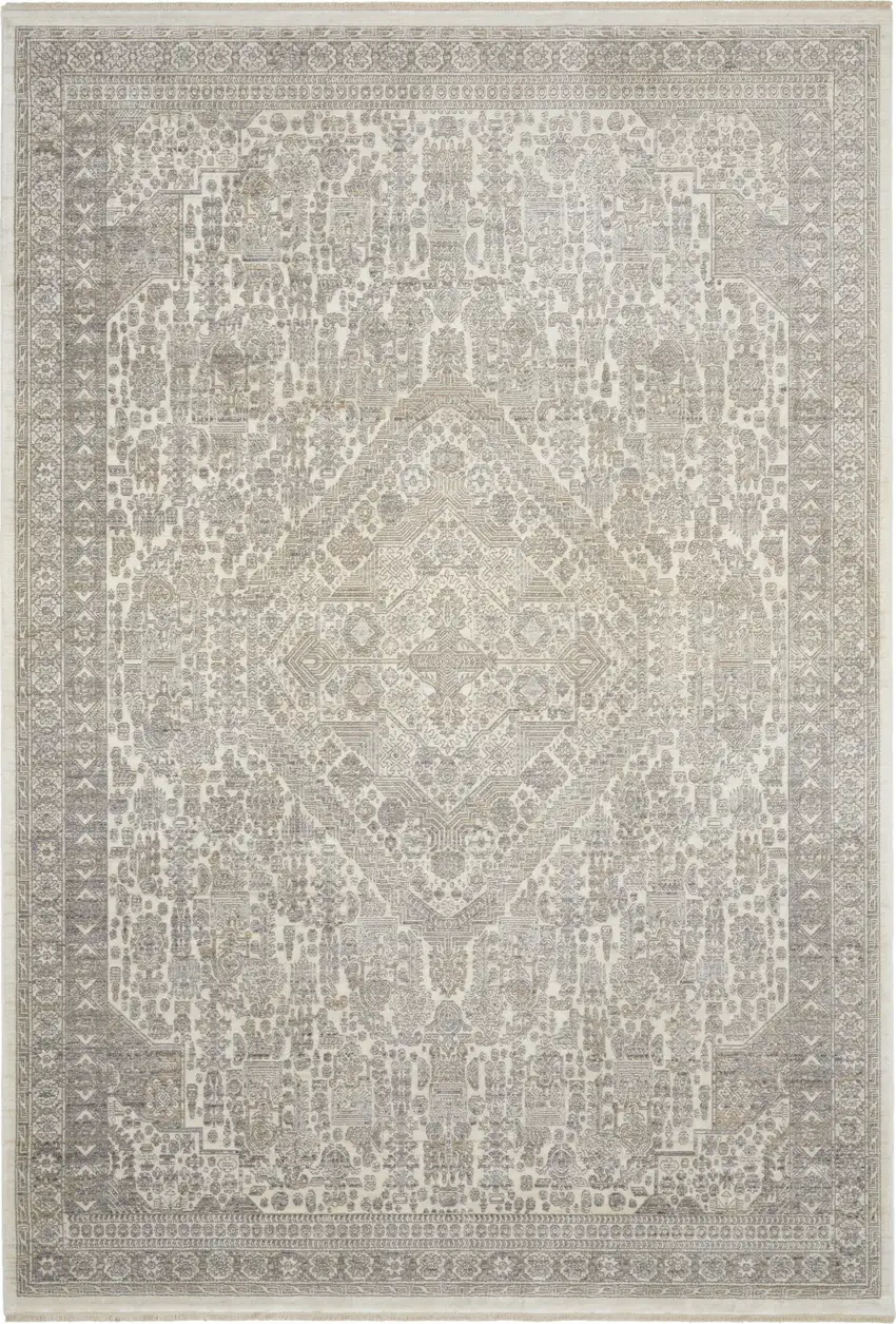 Ivory Beige And Cream Floral Area Rug With Fringe Photo 7