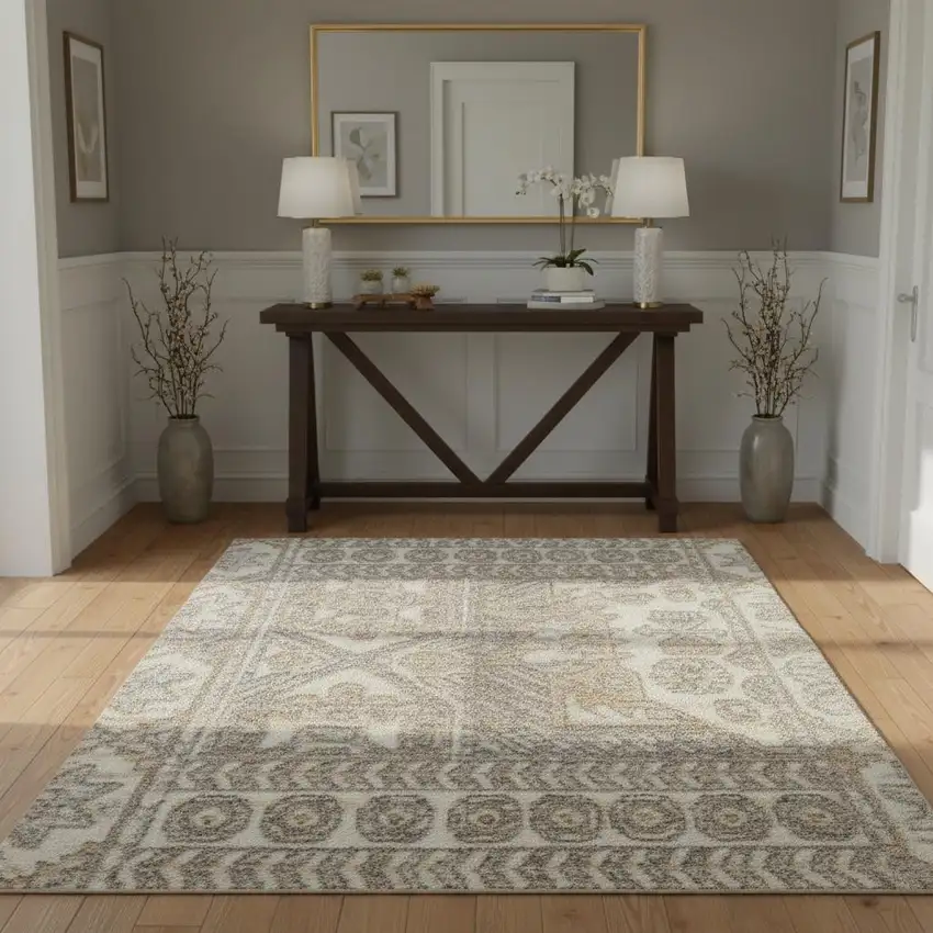 Ivory Beige And Cream Floral Area Rug With Fringe Photo 1