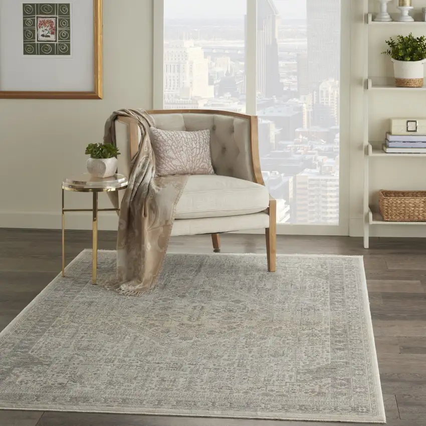 Ivory Beige And Cream Floral Non Skid Area Rug With Fringe Photo 6