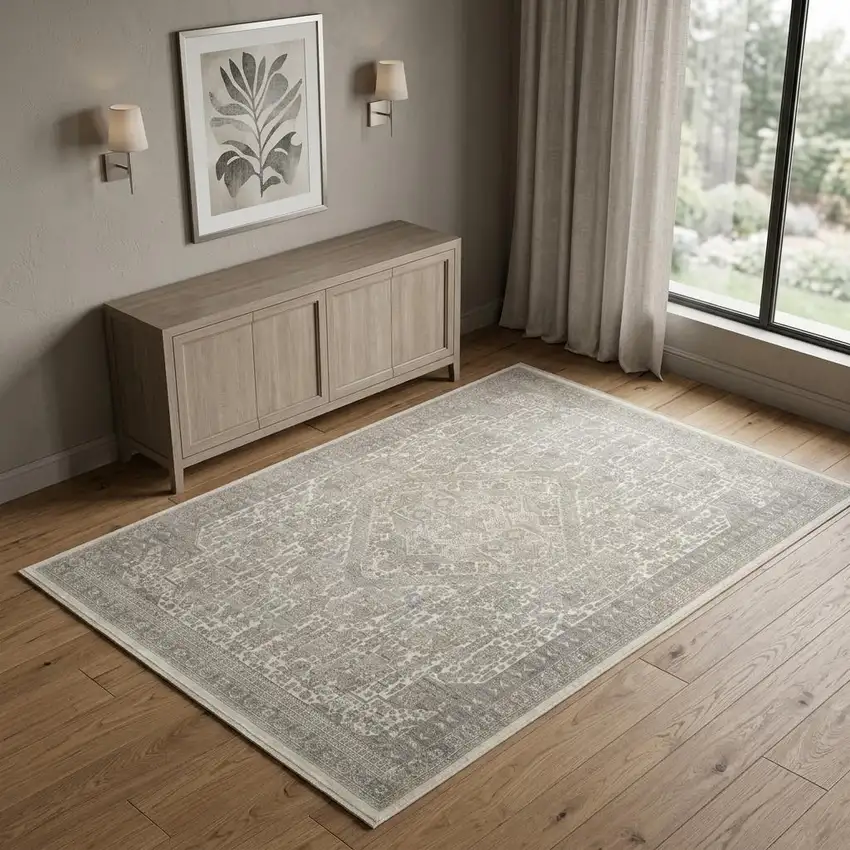 Ivory Beige And Cream Floral Non Skid Area Rug With Fringe Photo 1