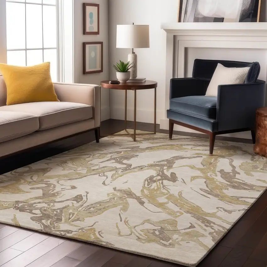 Ivory Beige And Gold Abstract Washable Area Rug With UV Protection Photo 3