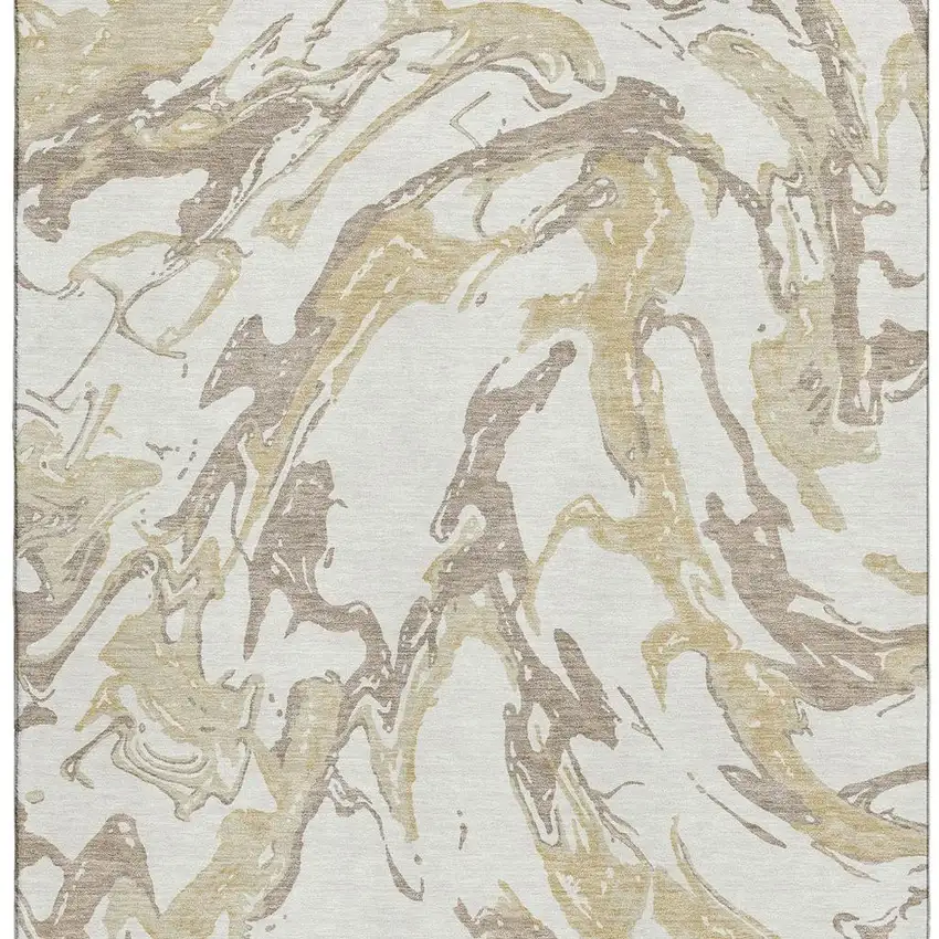 Ivory Beige And Gold Abstract Washable Area Rug With UV Protection Photo 4