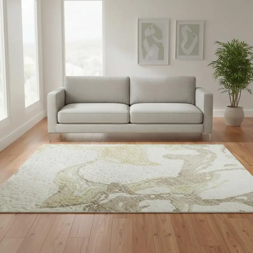 Ivory Beige And Gold Abstract Washable Area Rug With UV Protection Photo 2
