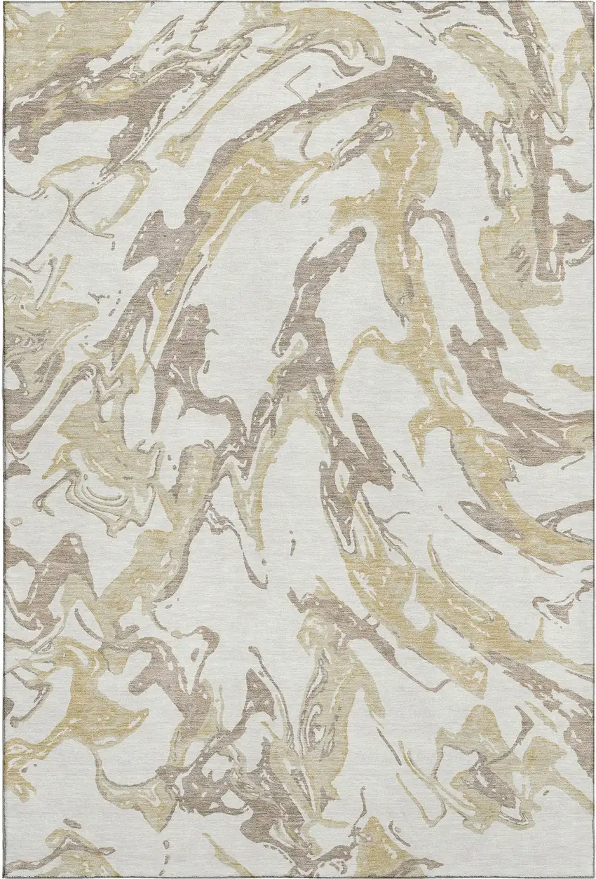 Ivory Beige And Gold Abstract Washable Area Rug With UV Protection Photo 6