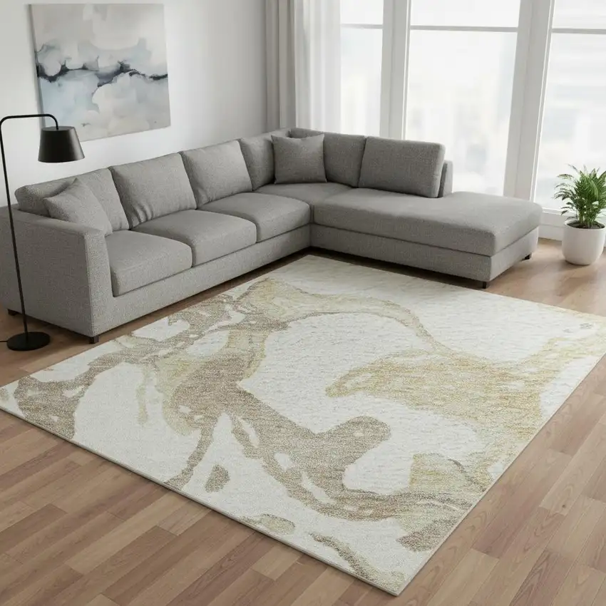 Ivory Beige And Gold Abstract Washable Area Rug With UV Protection Photo 2